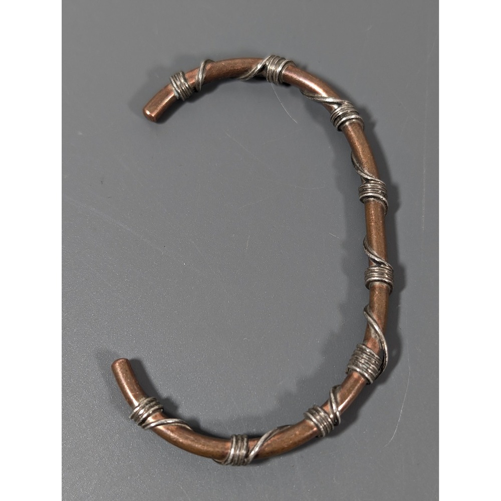 Signed MG Copper Bamboo Cuff Bracelet Silver Tone Wire Wrap Artisan 7"
